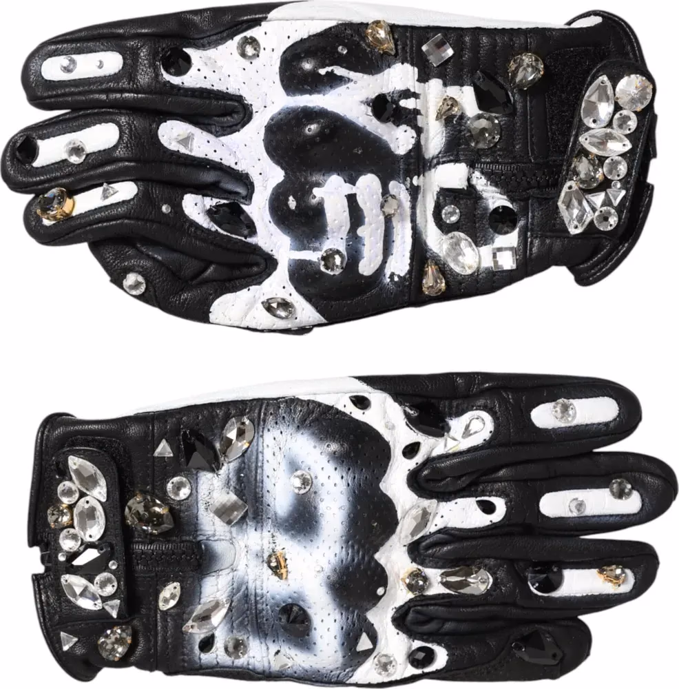 Gloves Black White Crystal Wrist Length Mitten Gloves