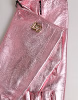 Pink Leather DG Logo Wrist Length Mitten Gloves 4