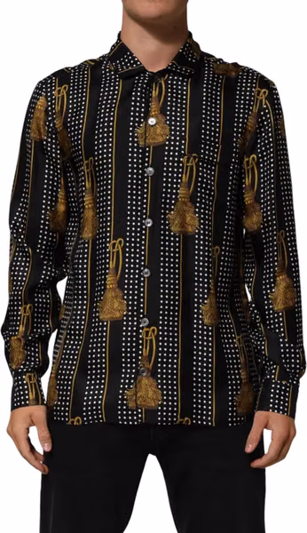 Black Dotted Tassel Silk Button Down Shirt