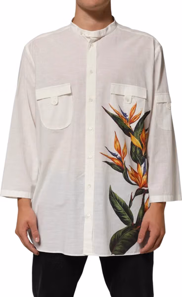 White Cotton Floral Print Button Down Shirt