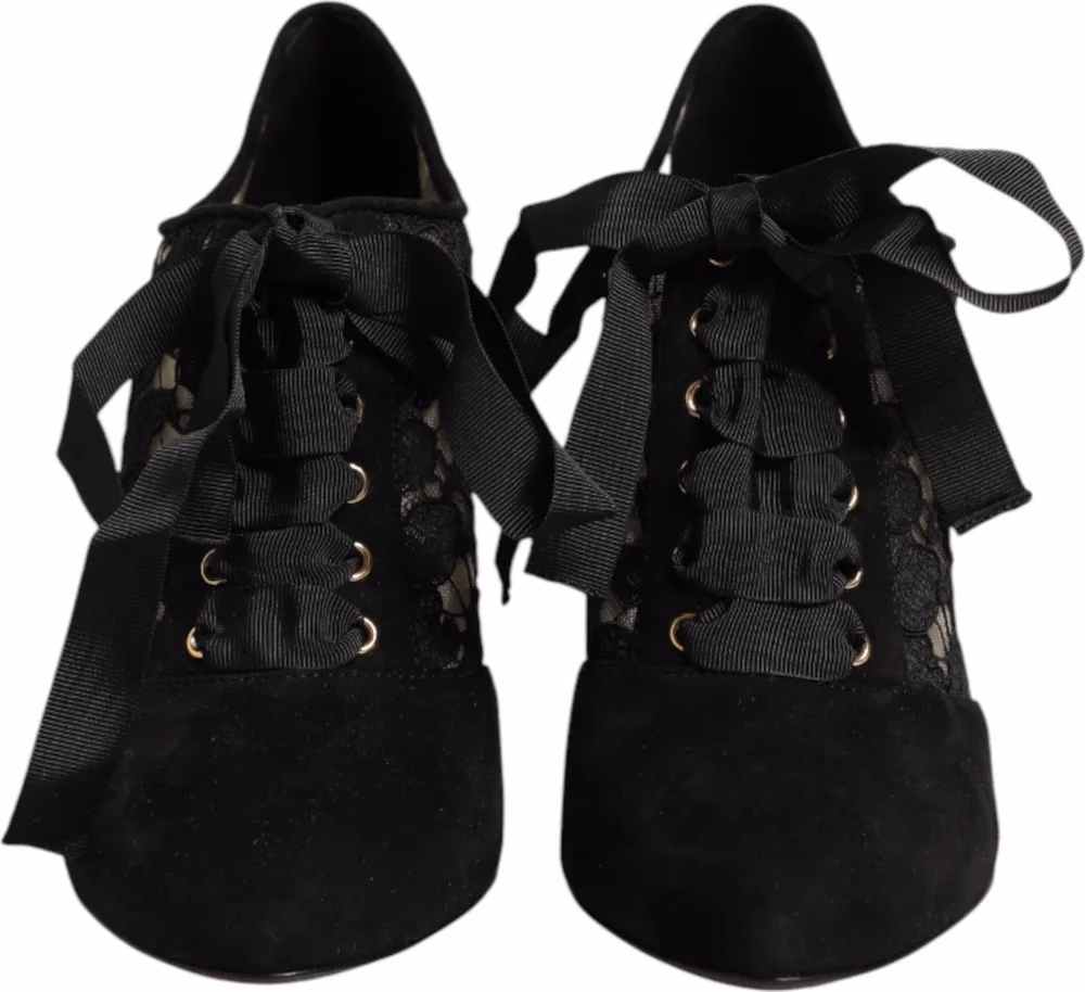 Black Floral High Heels LACE-UPS Pumps Shoes