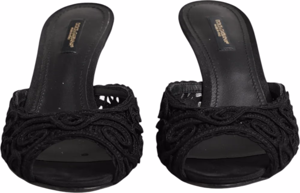 Black Embroidered Slip On Heels Slides Shoes