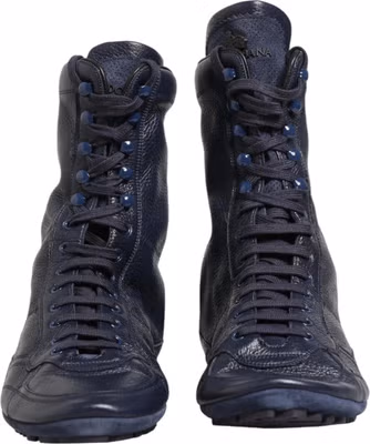 Dark Blue Deer Leather Mid Calf Boots Shoes