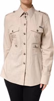 Beige Collared Long Sleeve Cotton Shirt Top 1