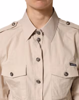 Beige Collared Long Sleeve Cotton Shirt Top 4