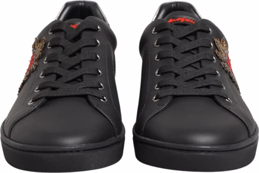 Black Leather Heart Embellished Sneakers Shoes