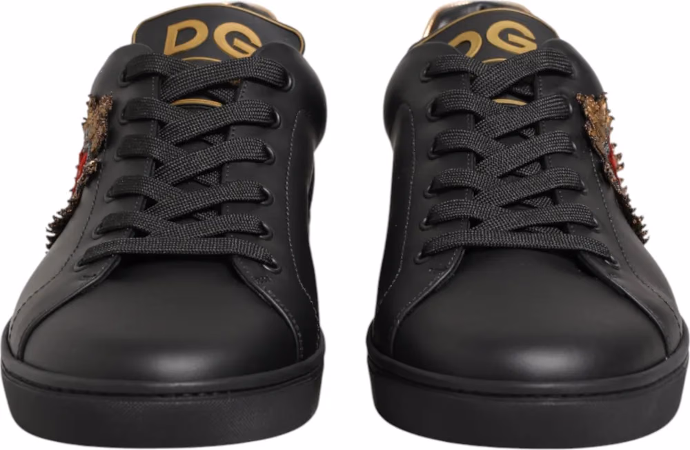 Black Leather Heart Embellished Sneakers Shoes