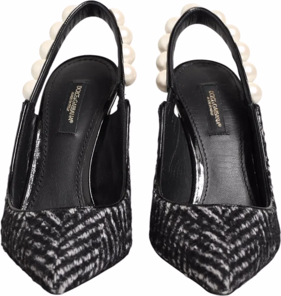 White Black Chevron Faux Pearl Slingbacks Shoes