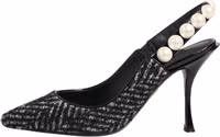 White Black Chevron Faux Pearl Slingbacks Shoes 5