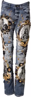 Blue Ripped Embellished Cotton Denim Jeans 1