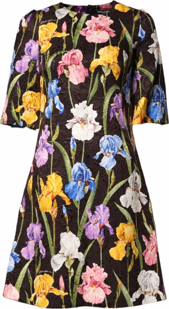 Black Floral Brocade A-line Mini Dress