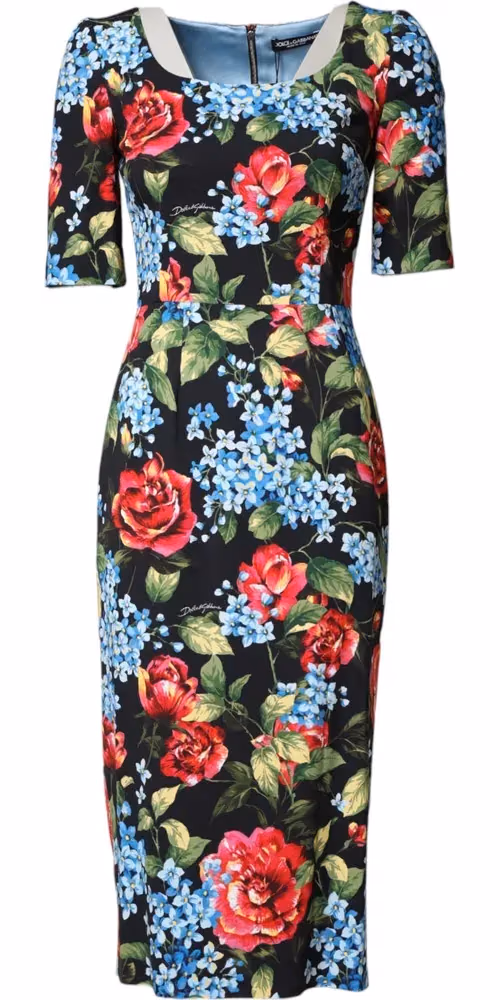 Black Floral Print Viscose Sheath Midi Dress