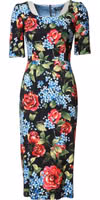 Black Floral Print Viscose Sheath Midi Dress 1