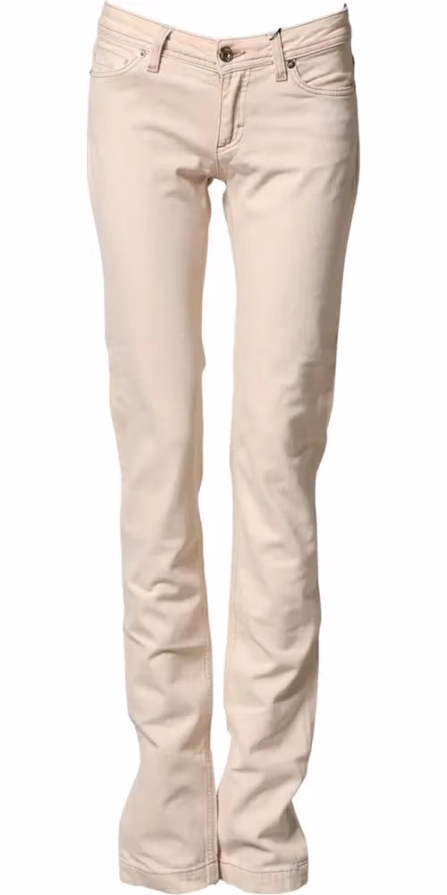 Beige Low Waist Cotton Slim Fit Denim Trousers Jeans