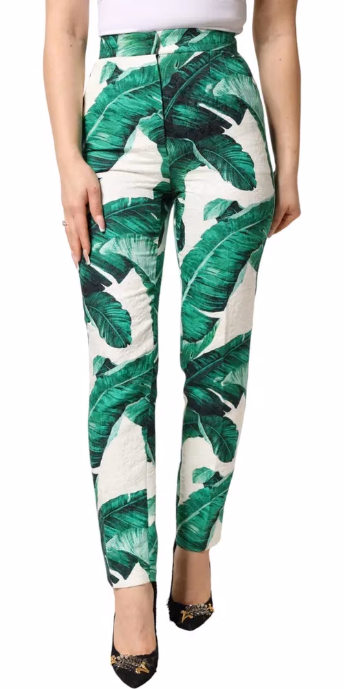White Green Leaf High Waist Trousers Pants
