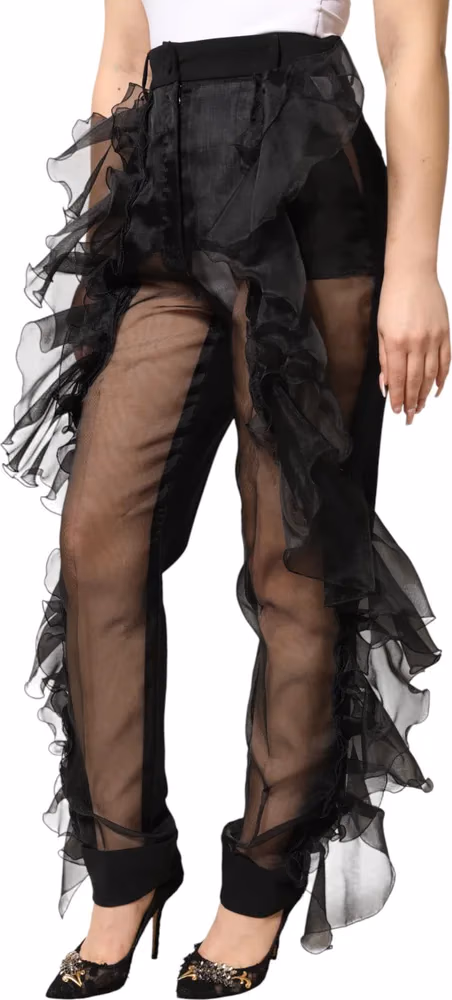 Black High Waist Tulle Wool Trouser Pants