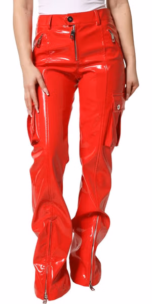 Red Glossy Polyester Cargo Boot Cut Pants
