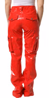 Red Glossy Polyester Cargo Boot Cut Pants 3