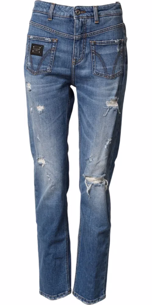 Blue Distressed Washed Cotton Denim Jeans