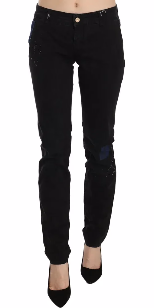 Black Low Waist White Paint Skinny Denim Pants Jeans