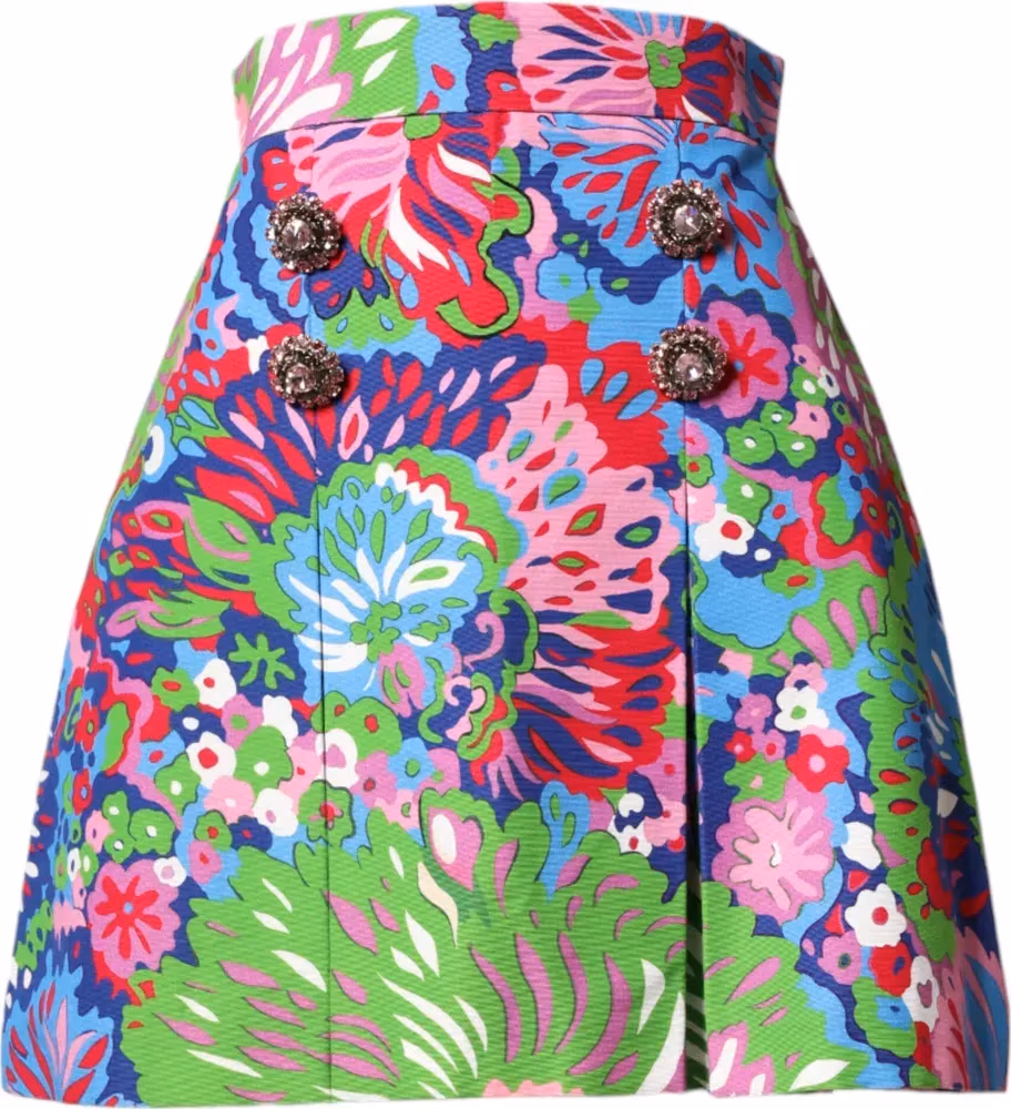 Multicolor Floral Buttoned High Waist Mini Shorts