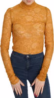 Mustard Turtle Neck Long Sleeve Lace Top Blouse 1