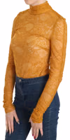 Mustard Turtle Neck Long Sleeve Lace Top Blouse 3