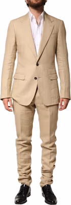 Beige Linen Single Breasted 2 Piece Suit