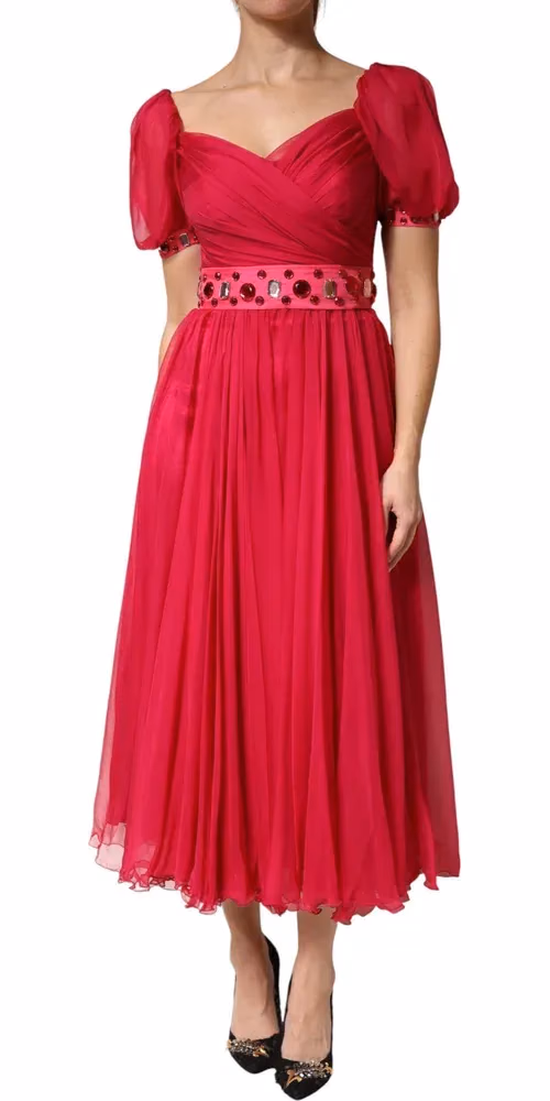 Pink Silk Embellished A-line Midi Dress