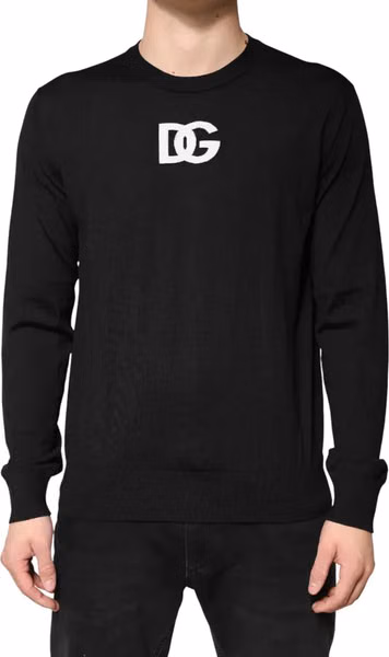 Black Wool DG Crew Neck Men Pullover Sweater