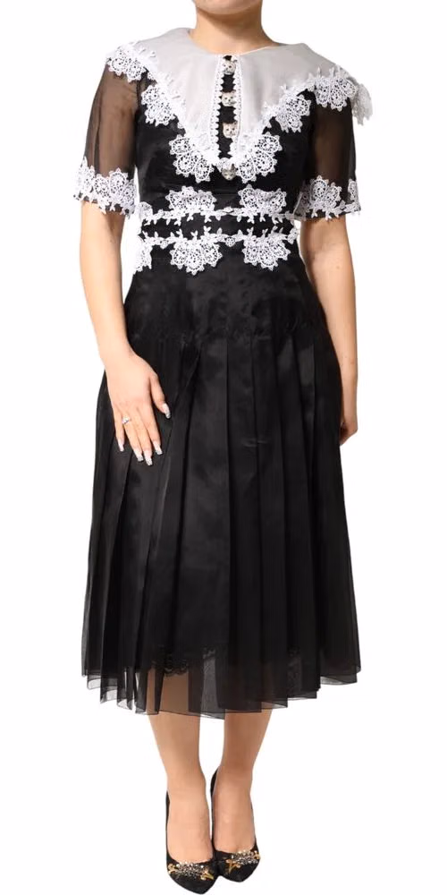 Black White Silk Macrame Lace Midi Dress