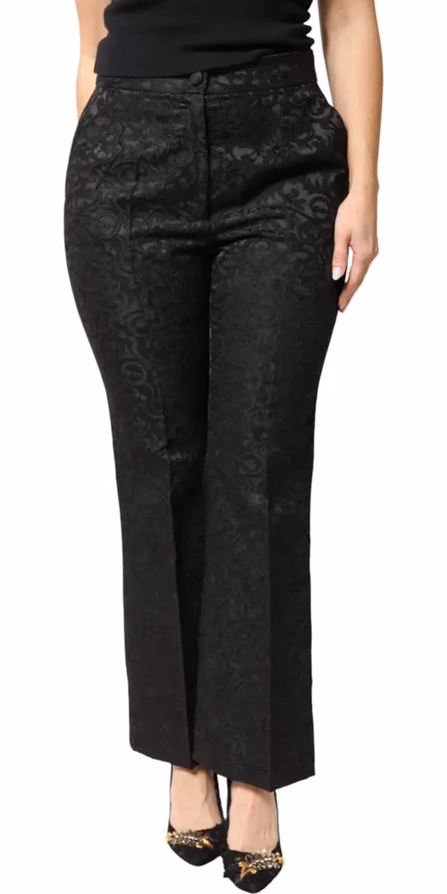 Black Floral Brocade High Waisted Trouser Pants