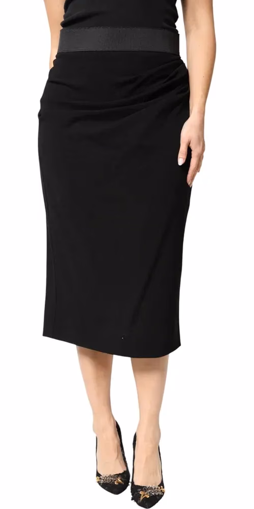 Black Wool High Waist Pencil Cut Midi Skirt