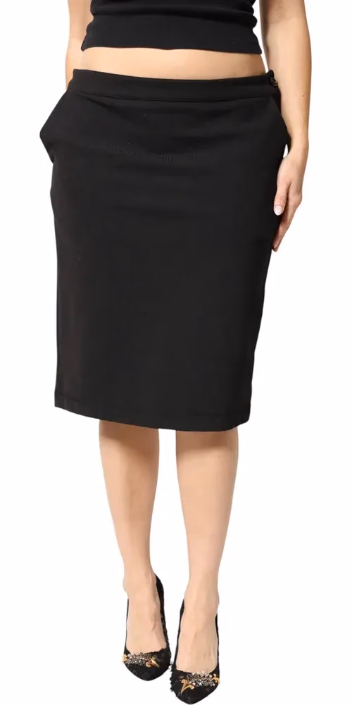 Black Polyester Pencil Cut Knee Length Women Skirt