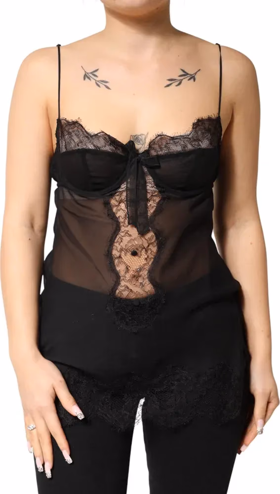 Black Silk Floral Lace Chemise Lingerie Top