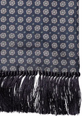 Blue Patterned Silk Fringes Foulard 138cm x 15.5cm Scarf