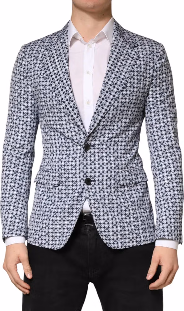 Blue Cotton Patterned Single Breasted Blazer