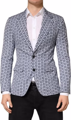 Blue Cotton Patterned Single Breasted Blazer